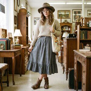 Vintage midi skirt. Pinstripe gray and black striped cotton.